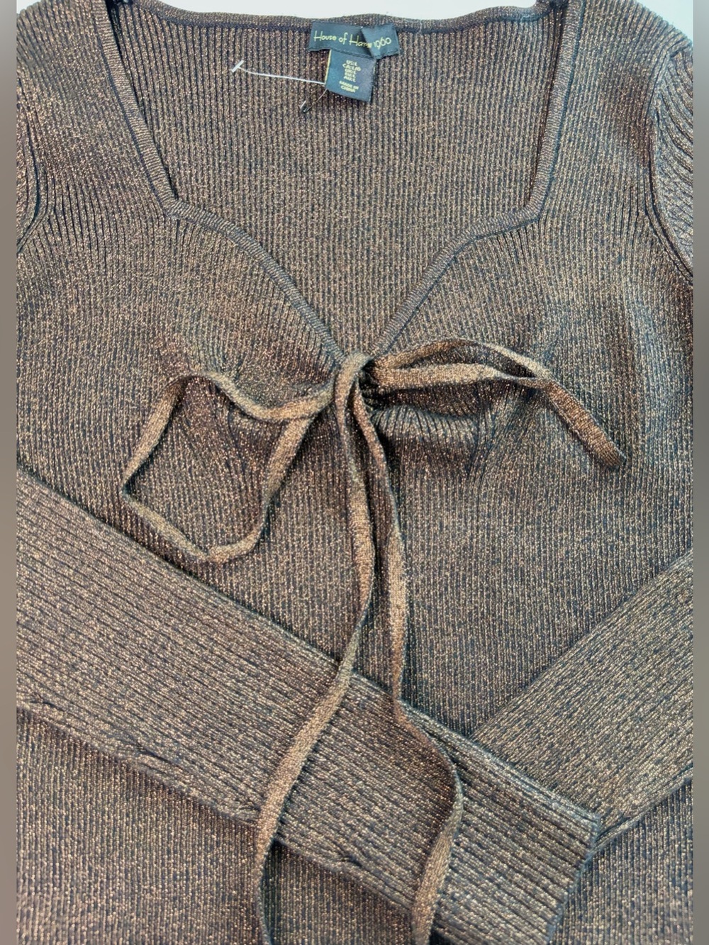 House of Harlow 1960 Metallic Bronze Tie Front Ribbed Sweater Top REVOLVE Large - Picture 7 of 13
